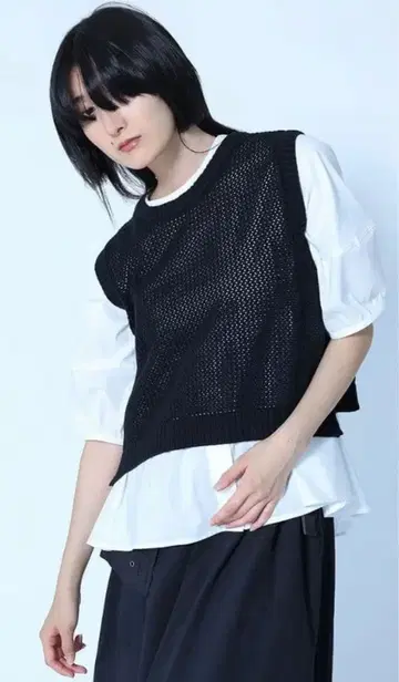 LASUD 니트 베스트 레이어드 블라우스