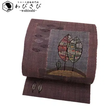 나고야 오비 마가츠무기 나무 잎 무늬 모란쥐색 O-5302