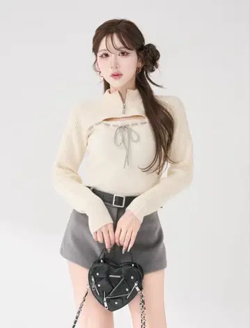 Darich 스티치 리본 오픈 니트탑 아이보리