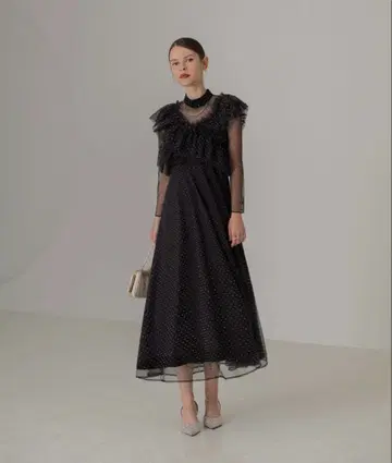 LEJA 도트 스톤 개더 튤 A라인 드레스