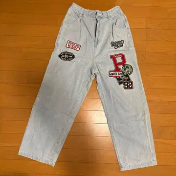 자수 패치 라이트 블루 와이드 팬츠