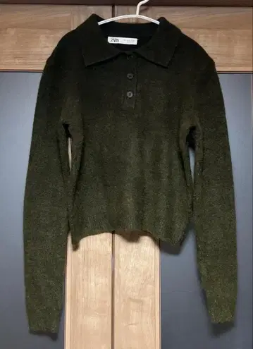 ZARA 폴로 니트 니트 짙은 녹색