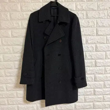 다크 그레이 체크 무늬 더블 브레스트 트렌치코트