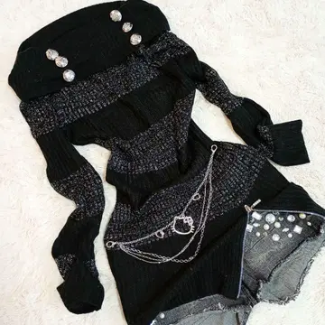 Y2K 오프숄더 보더 니트 원피스 그런지 헤이세이 갸루 호러 게임