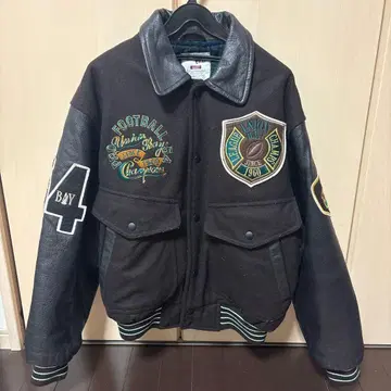 유니온베이 가죽 절개 바시티 자켓 자수 브라운 x 블랙 M