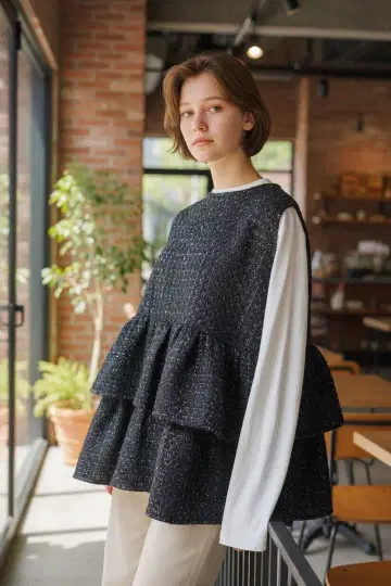 버스데이 배쉬 3way 라메 프릴 탑스 레이어드 네이비 계열 프리