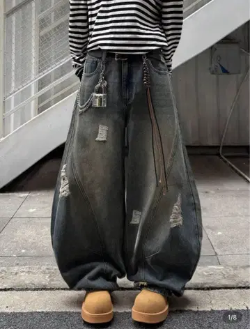 와이드 레그 청바지 배럴 레그 청바지 데미지 SHEIN