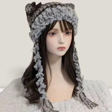 어스 컬러 핸드메이드 고양이 귀 니트 모자 리본 포함 y2k 그런지