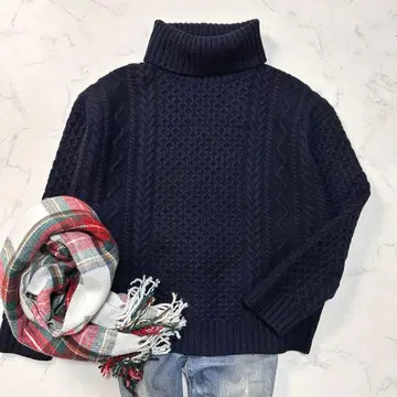 UNITED ARROWS 케이블 터틀 니트 네이비 울 혼방