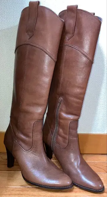 [천연 가죽] S 사이즈 브라운 가죽 롱 부츠 높은 힐 7cm