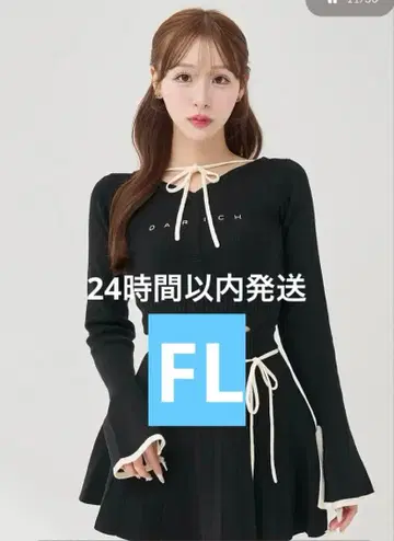 다리치 허리 오픈 리본 디자인 니트 미니 원피스 블랙 FL