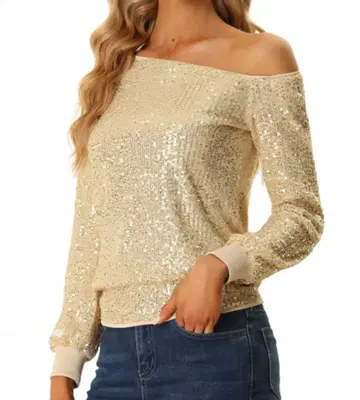 오프숄더 스팽글 긴팔 상의 디스코 파티 글리터