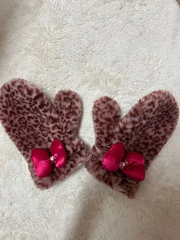 레오파드 무늬 핑크 장갑 리본 포함 미니 레오파드