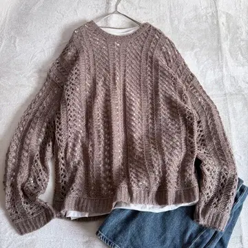 새상품급 글로벌 워크 시스루 니트 브라운 레이어드 상의