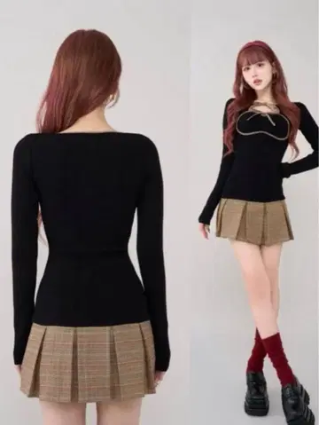 다리치 블랙 리본 포함 긴팔 상의와 플리츠 스커트