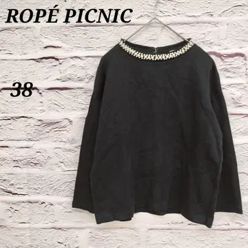 로페피크닉 [ 38 ] 펄 자수 7부 소매 티셔츠 코튼 블랙