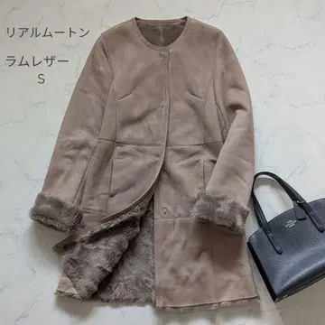 리얼 무스탕 노카라 코트 양가죽 미들 기장 베이지 S