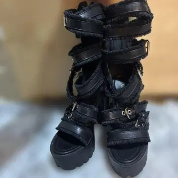 여성용 블랙 블록 힐 샌들, 오픈토 버클 22.5cm