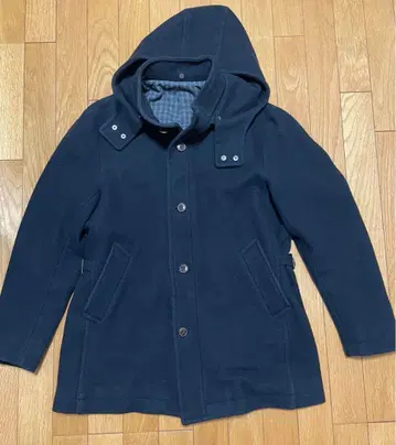 남성용 네이비 후드 부착 울 코트