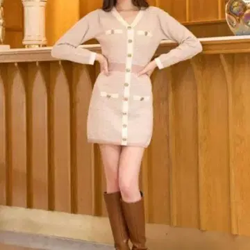 Darich 파이핑 니트 원피스 핑크