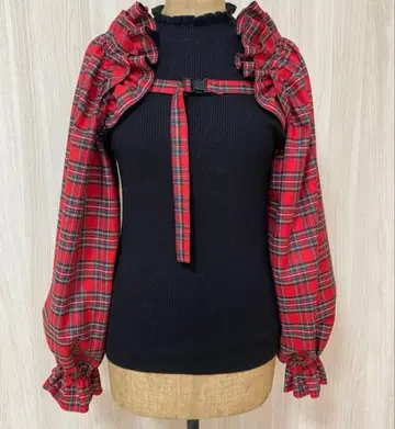 빨간색 체크 무늬 프릴 긴팔 덧옷 소매