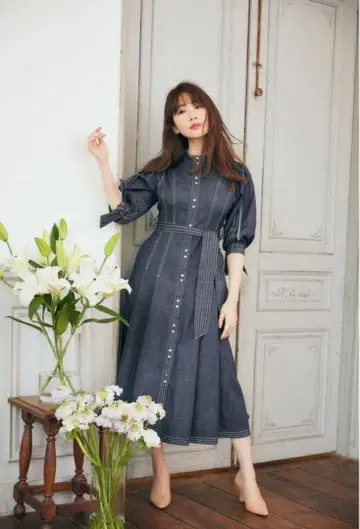 Chambray-trimmed Belted Long Dress