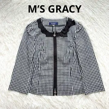 새상품급 엠즈 그레이시 노카라 자켓 깅엄 체크 리본 비쥬