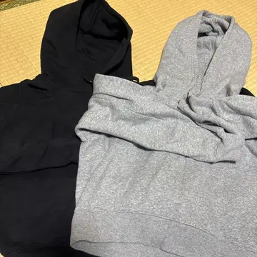 GU 헤비 웨이트 맨투맨 오버 사이즈 후드티 그레이와 블랙 세트