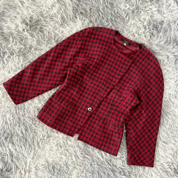 [ Leilian ] 노카라 자켓 긴팔 안감 부착 트위드 체크 빨간색