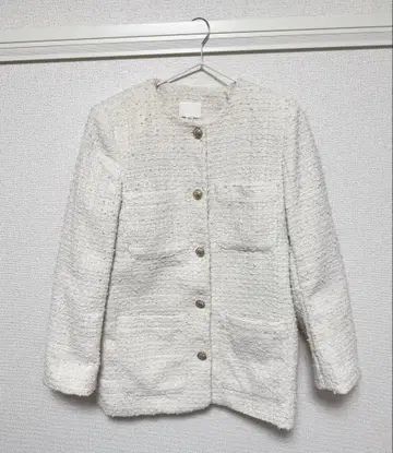 화이트 트위드 노카라 자켓