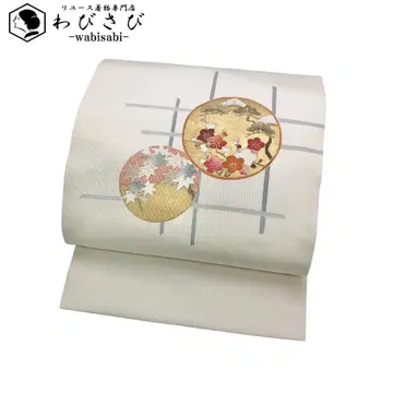 나고야 오비 작가 작품 둥근 꽃 무늬 금채 기치색 O-5336