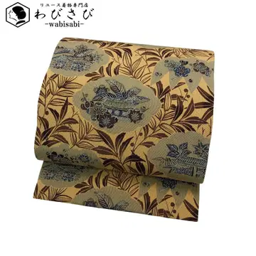 나고야 오비 형염 잎 무늬 꽃무늬 풍경 밀짚색 크레이프 원단 O-5354