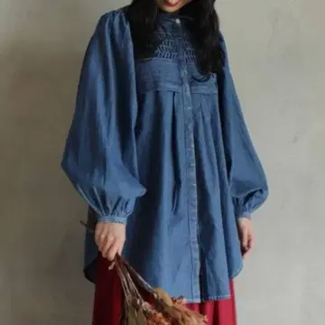 [ 새상품급 ] Bittoko 핀턱 데님 블라우스 튜닉 긴팔