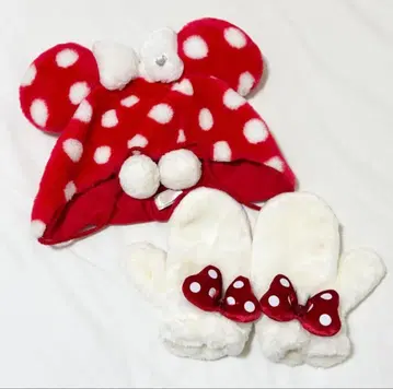 디즈니 팬캡 미니 도트 물방울 레드 빨간색 미튼 장갑 세트