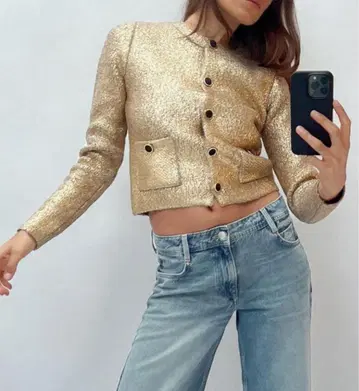 ZARA 골드 노카라 자켓풍 니트 가디건