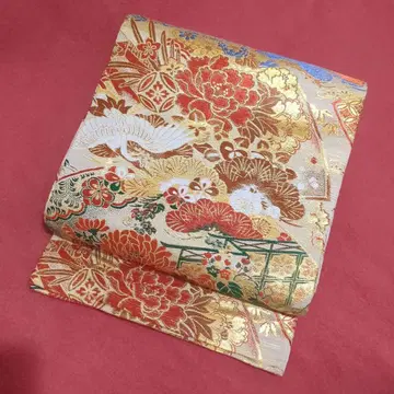 앤티크 학과 부채 무늬 럭셔리 금실 마루오비 골드 컬러 빨간색 꽃무늬