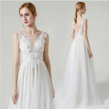 레이스 장식 슬리브리스 웨딩 드레스