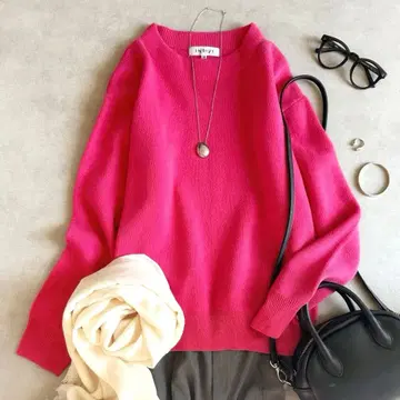 새상품급 INDIVI 울 캐시미어 크루넥 니트 핑크 루즈핏