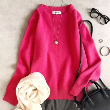 새상품급 INDIVI 울 캐시미어 크루넥 니트 핑크 루즈핏