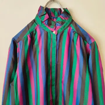 스트라이프 블라우스 새틴 빈티지 빈티지 레트로 멀티 컬러