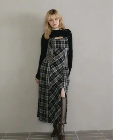 andmary Nadia check long dress black