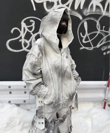 [ REFLEM ] 안료 가공 하이넥 데님 후드티 화이트