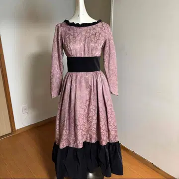 70s 빈티지 드레스 자카드 무늬 핑크와 블랙 롱 드레스