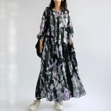 안티카 수채화 프린트 롱 원피스