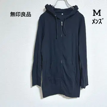 무인양품 남성용 블랙 면 혼방 코튼 롱 기장 풀 집업 후드 부착 후드티