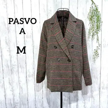 패스 보아 더블 자켓 M 체크 무늬 울 블렌드 하프 기장 브라운