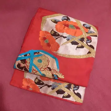 앤티크 다이쇼 로망 동백꽃 나고야 오비 빨간색 꽃무늬 금실 자수