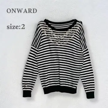 온워드 니트 스웨터 장식 얇은 소재 성숙/러블리 긴팔 보더 흑백