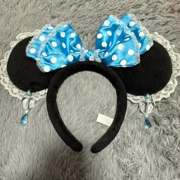 미키 귀 머리띠 스카이블루 리본