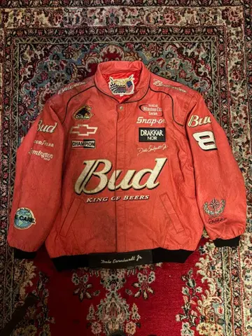 초레어 90s Budweiser 제프 해밀턴 천연 가죽 레이싱 자켓